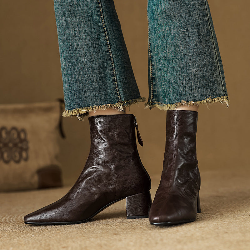 Aurélie Women’s Ankle Boots – Genuine Leather Square Toe with Comfortable Block Heel