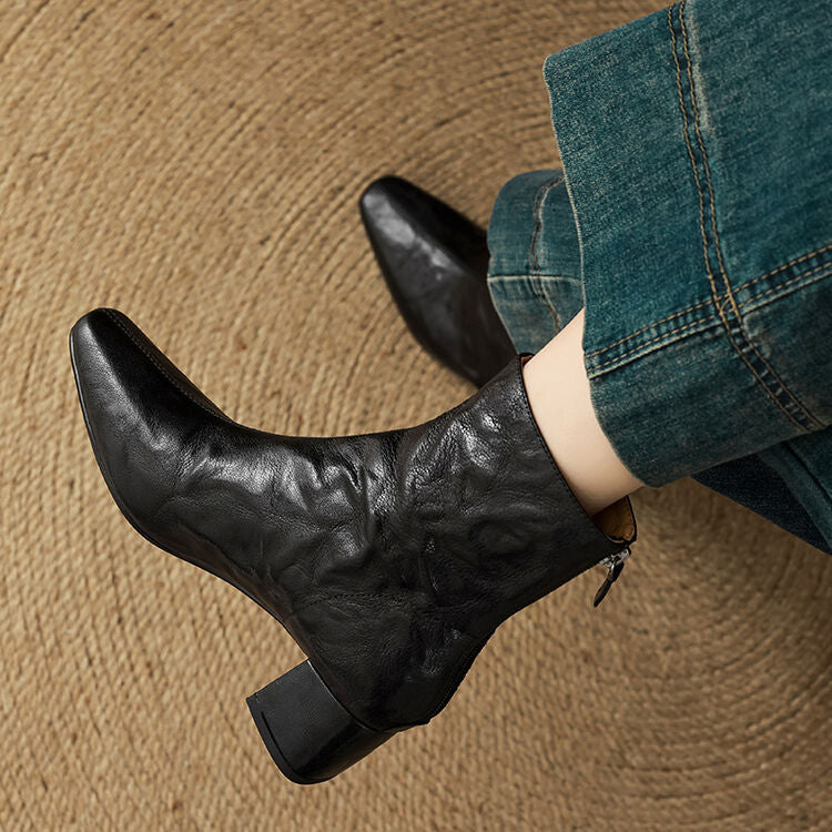 Aurélie Women’s Ankle Boots – Genuine Leather Square Toe with Comfortable Block Heel