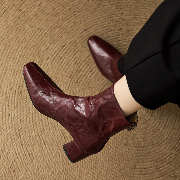 Aurélie Women’s Ankle Boots – Genuine Leather Square Toe with Comfortable Block Heel