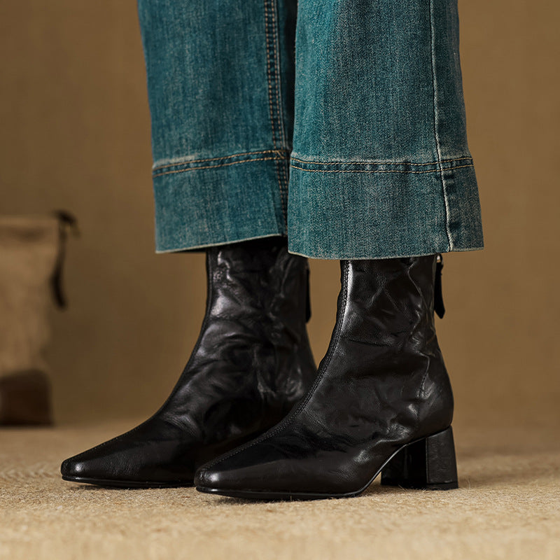 Aurélie Women’s Ankle Boots – Genuine Leather Square Toe with Comfortable Block Heel