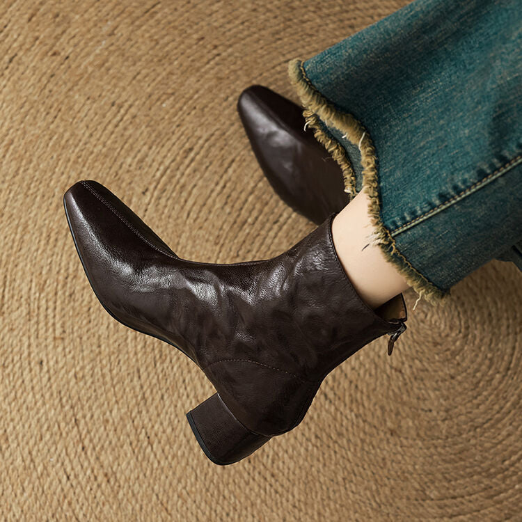Aurélie Women’s Ankle Boots – Genuine Leather Square Toe with Comfortable Block Heel