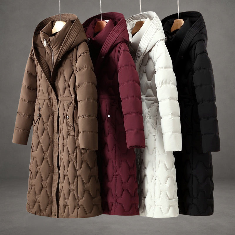 Elara Women’s Longline Down Coat – Quilted Hooded Winter Jacket