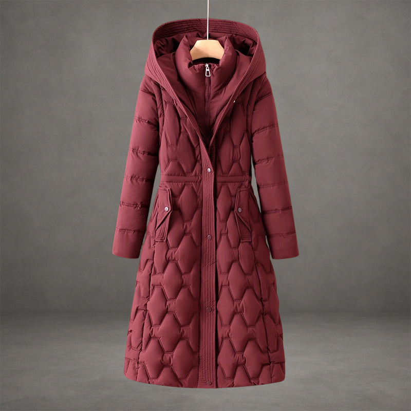 Elara Women’s Longline Down Coat – Quilted Hooded Winter Jacket