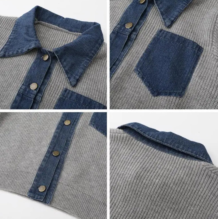 Ece Women’s Polo Sweater – Denim Trim Knit Pullover