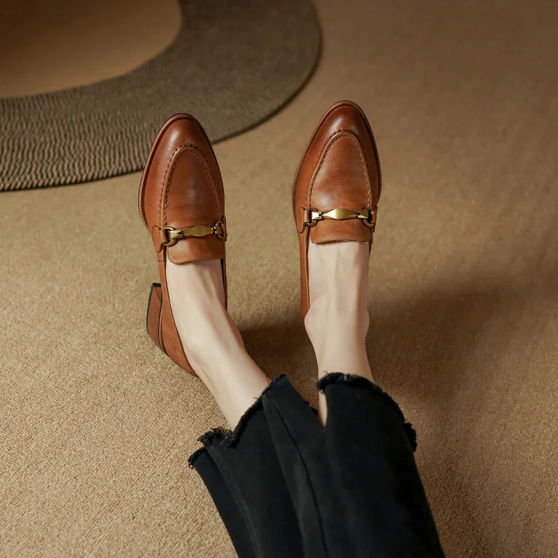 Josephine Women’s Leather Loafers – Heeled Slip-On Dress Shoes with Gold Horsebit Detail