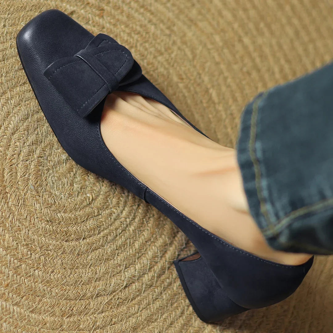 Élodie Women’s Leather Pump Heels – Square Toe Bow Detail Slip-On Shoes