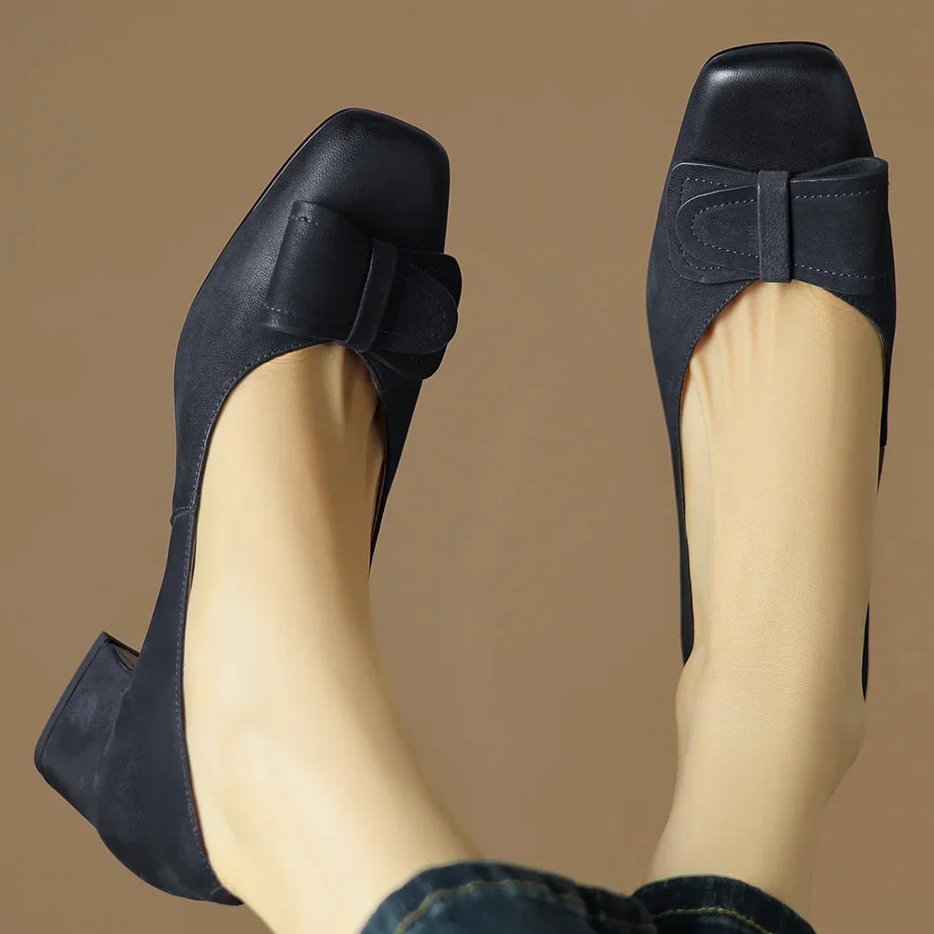 Élodie Women’s Leather Pump Heels – Square Toe Bow Detail Slip-On Shoes
