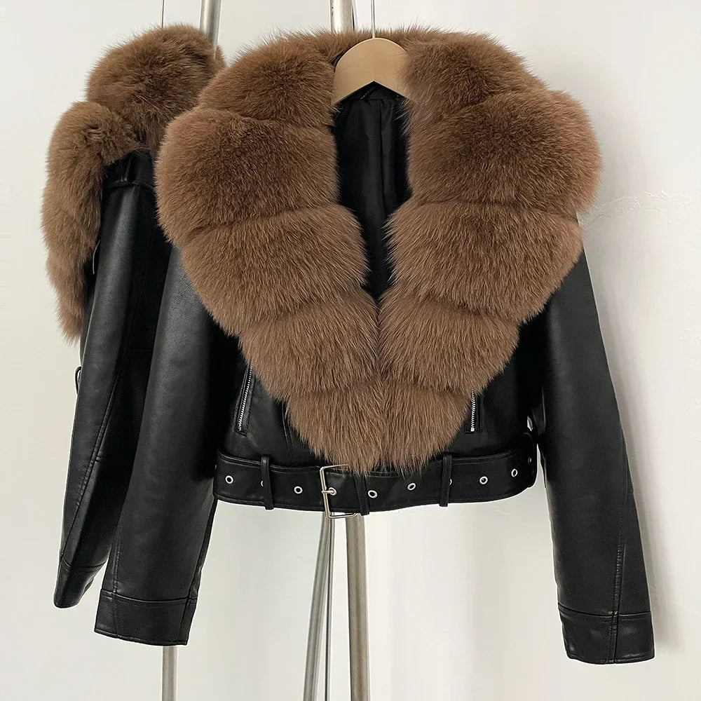 Violette Women’s Vegan Leather Jacket – Faux Fox Fur Collar & Cropped Fit