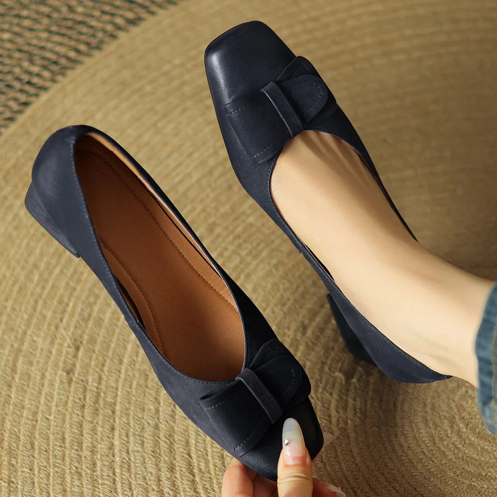 Élodie Women’s Leather Pump Heels – Square Toe Bow Detail Slip-On Shoes