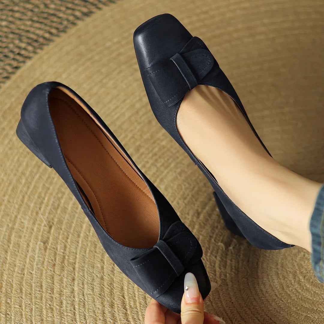 Élodie Women’s Leather Pump Heels – Square Toe Bow Detail Slip-On Shoes