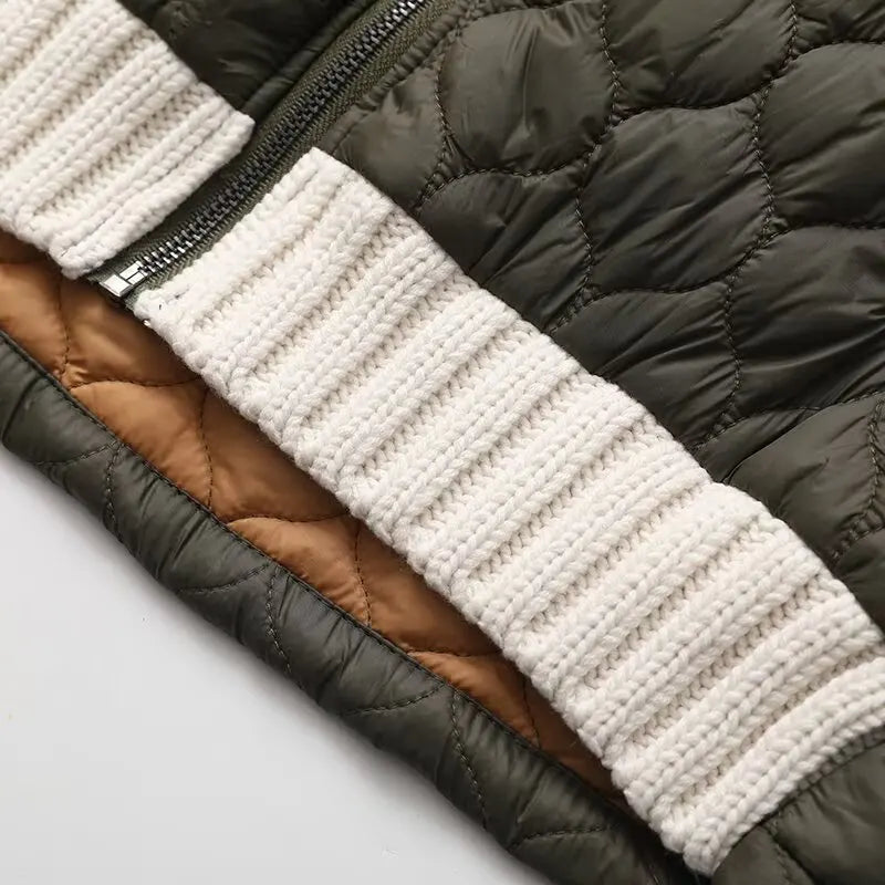 Daisy Women’s Quilted Jacket – Textured Knit Sleeve Contrast with Zip-Up Closure