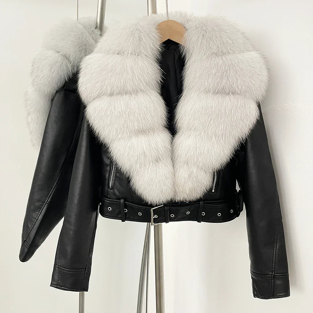 Violette Women’s Vegan Leather Jacket – Faux Fox Fur Collar & Cropped Fit