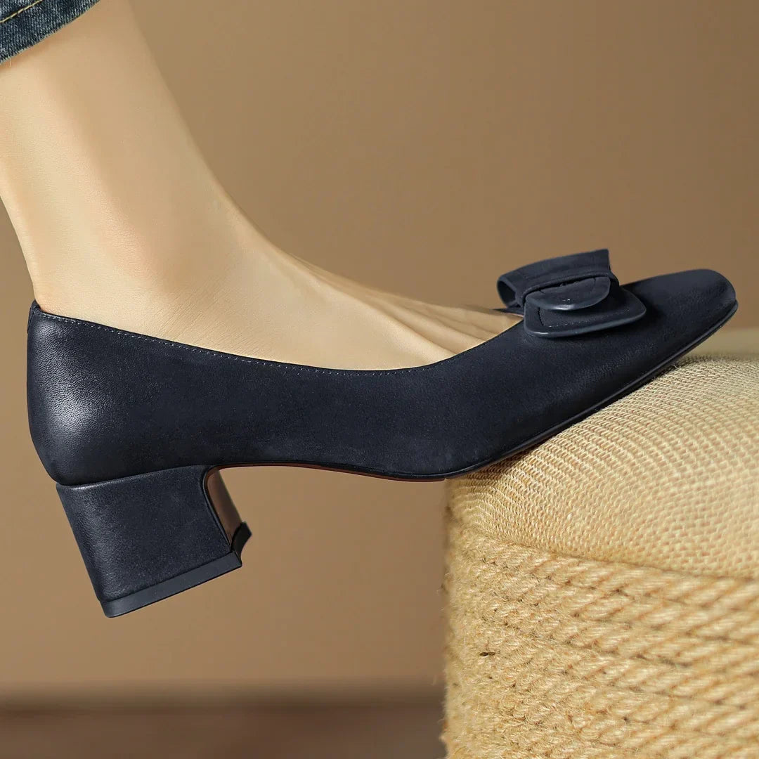 Élodie Women’s Leather Pump Heels – Square Toe Bow Detail Slip-On Shoes
