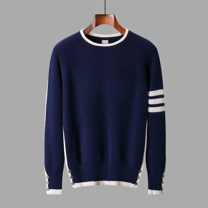 Damien Men’s Knit Sweater – Structured Knit Wool Pullover with Contrast Stripe Detail