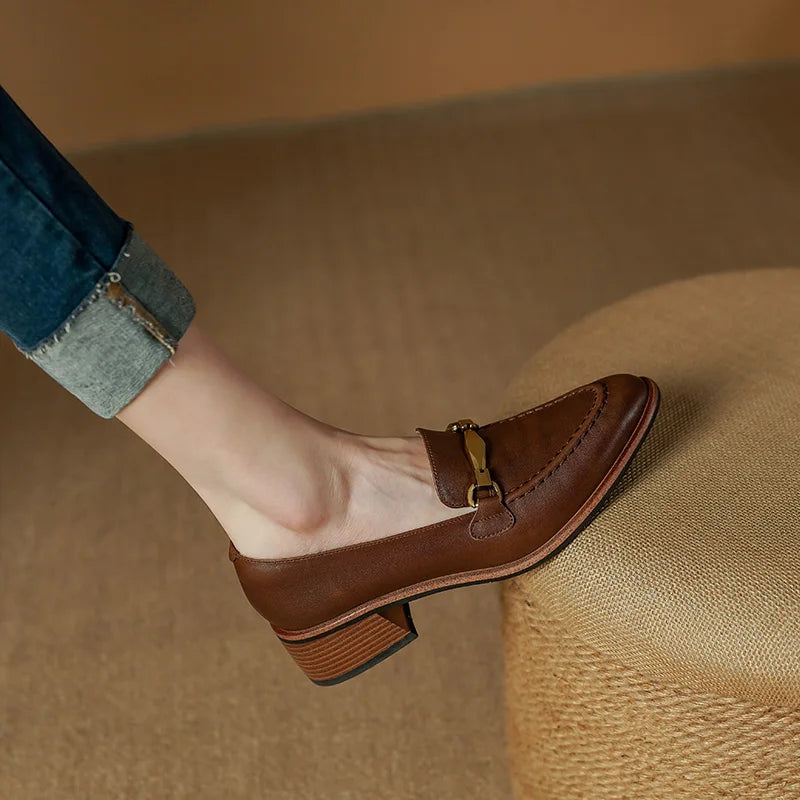 Josephine Women’s Leather Loafers – Heeled Slip-On Dress Shoes with Gold Horsebit Detail