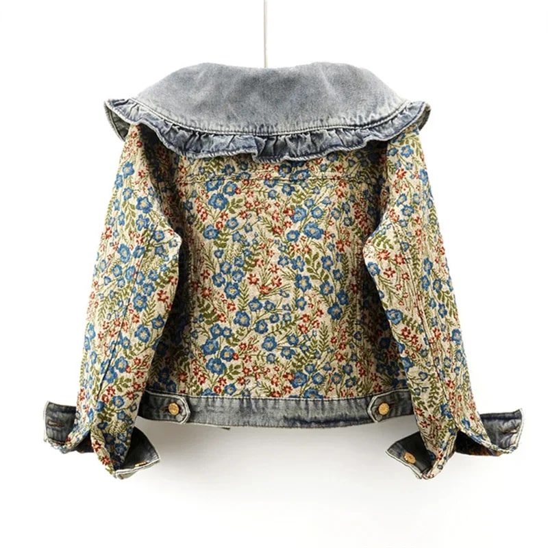 Rose Women’s Jacquard Denim Jacket – Floral Textured Lightweight Cropped Jacket