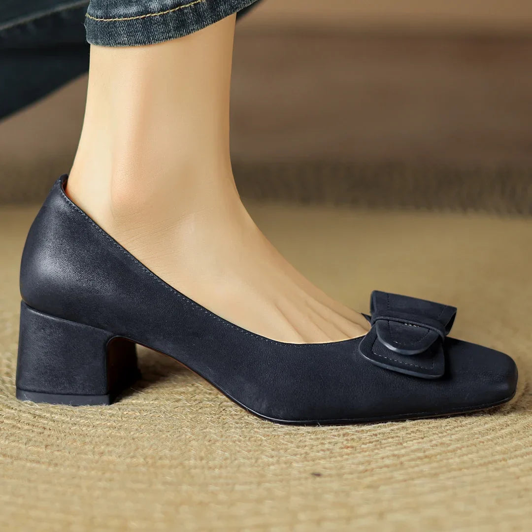 Élodie Women’s Leather Pump Heels – Square Toe Bow Detail Slip-On Shoes