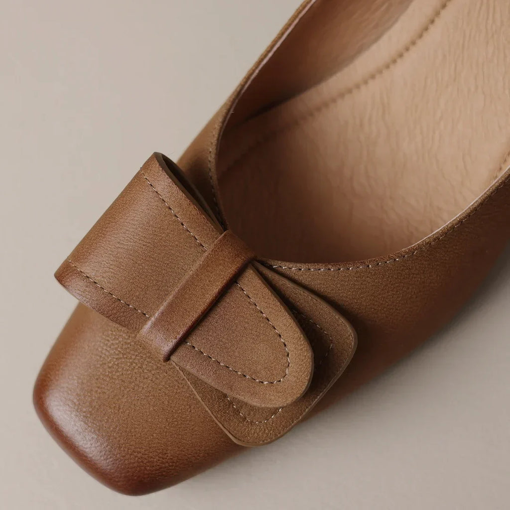 Élodie Women’s Leather Pump Heels – Square Toe Bow Detail Slip-On Shoes