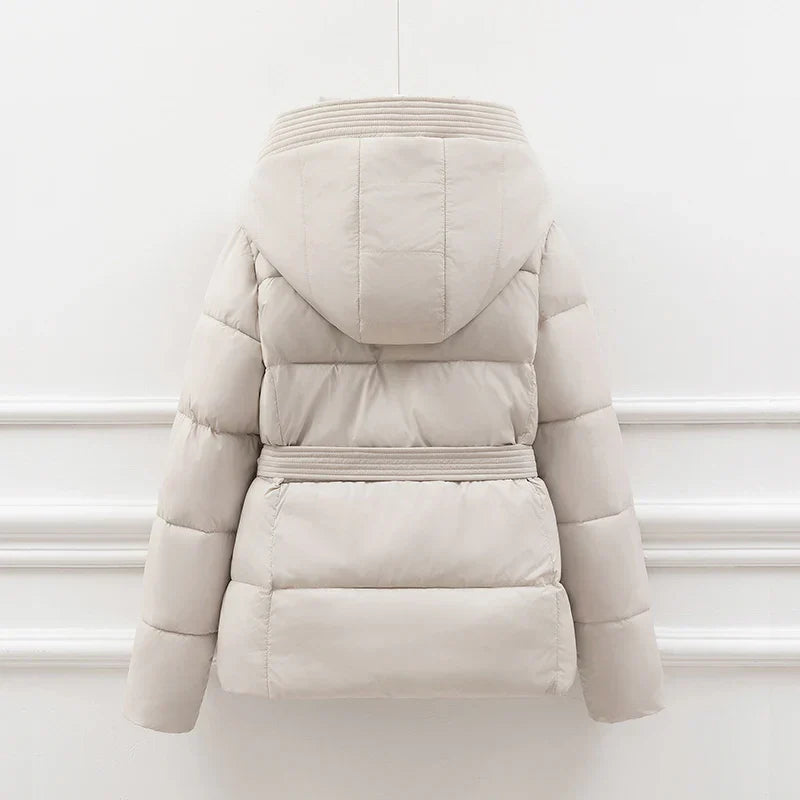 Fiona Women’s Down Jacket – Cotton Quilted Warmth with Belted Hooded Design