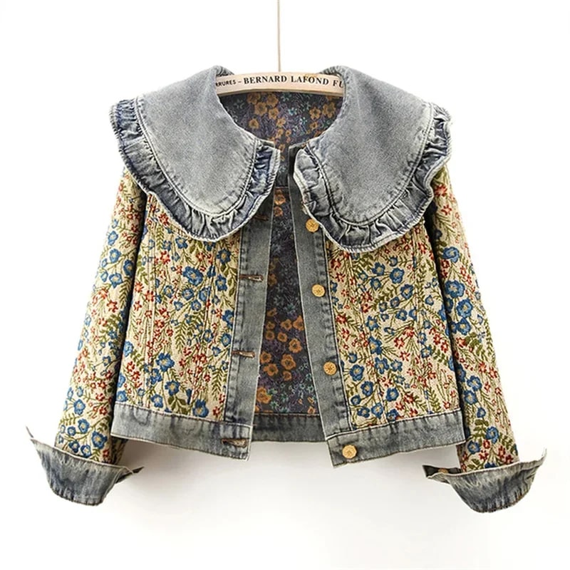 Rose Women’s Jacquard Denim Jacket – Floral Textured Lightweight Cropped Jacket