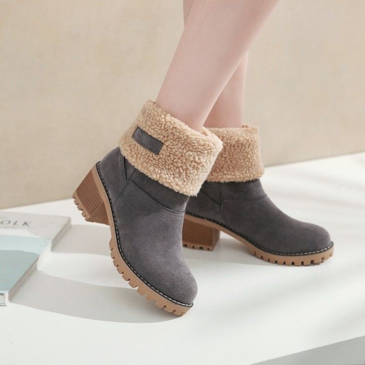 Meryem Women’s Suede Ankle Boots – Plush Fur-Lined Block Heel