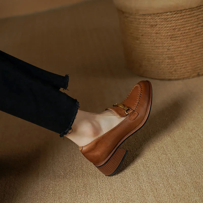 Josephine Women’s Leather Loafers – Heeled Slip-On Dress Shoes with Gold Horsebit Detail