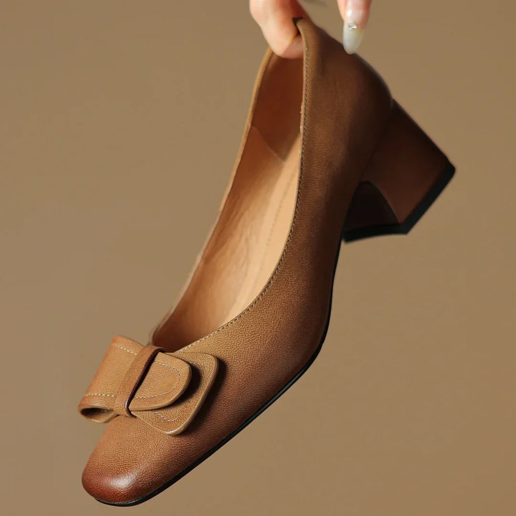 Élodie Women’s Leather Pump Heels – Square Toe Bow Detail Slip-On Shoes