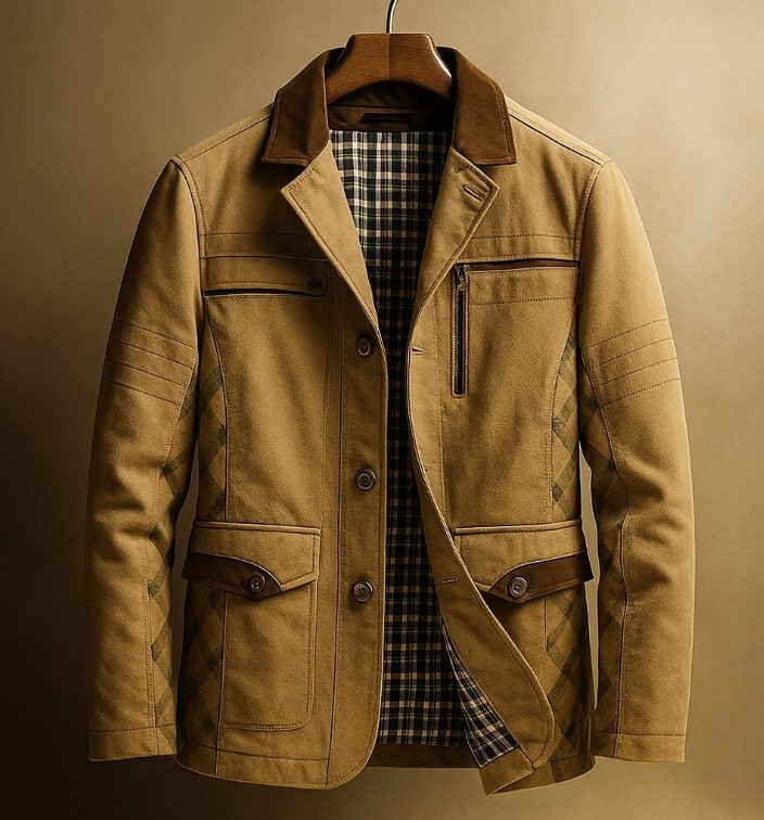 Fabio Men’s Field Jacket – Heavy Cotton Twill with Suede Jacket with Checked Lining