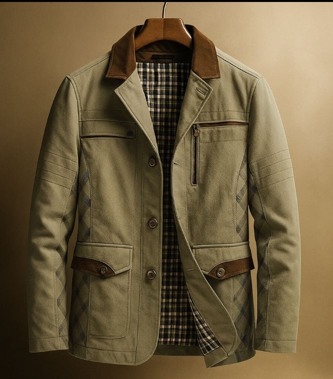 Fabio Men’s Field Jacket – Heavy Cotton Twill with Suede Jacket with Checked Lining