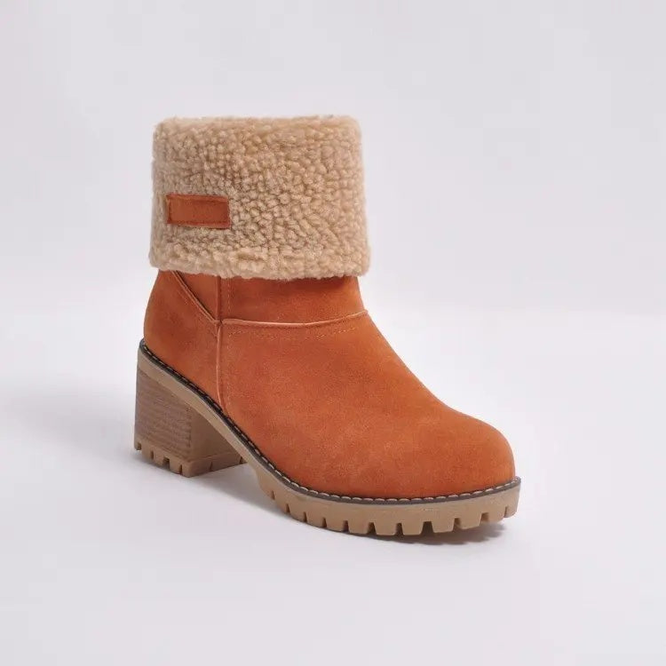 Meryem Women’s Suede Ankle Boots – Plush Fur-Lined Block Heel