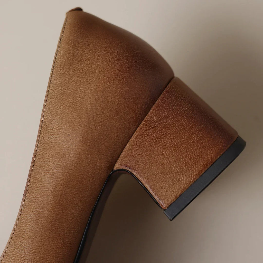 Élodie Women’s Leather Pump Heels – Square Toe Bow Detail Slip-On Shoes