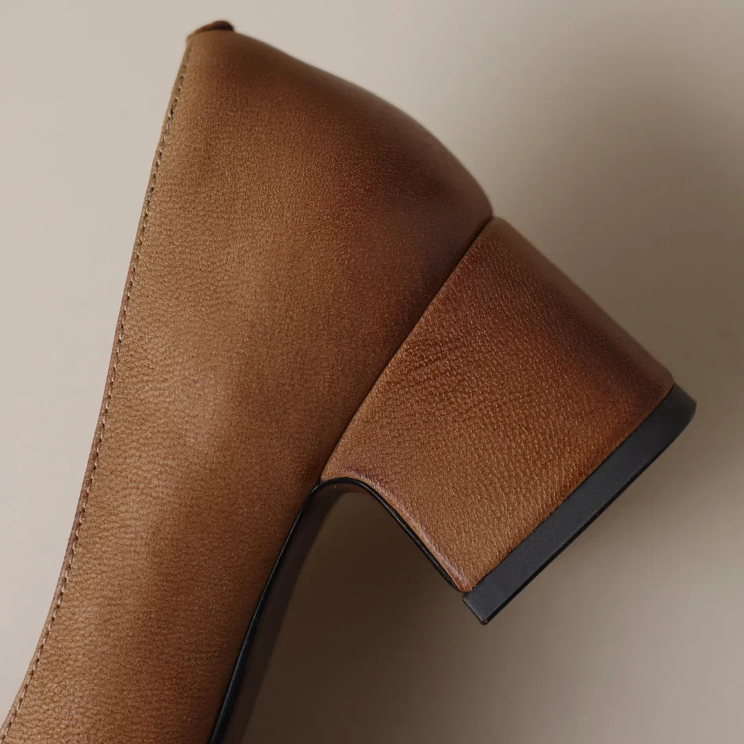 Élodie Women’s Leather Pump Heels – Square Toe Bow Detail Slip-On Shoes