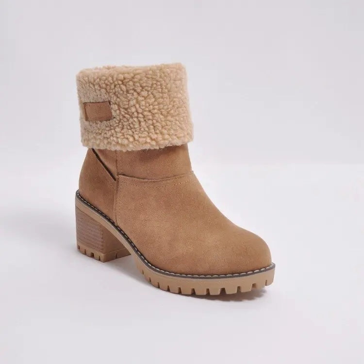 Meryem Women’s Suede Ankle Boots – Plush Fur-Lined Block Heel