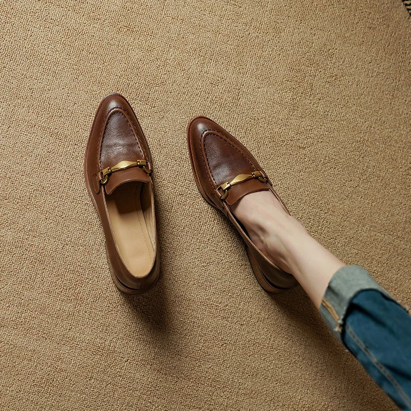 Josephine Women’s Leather Loafers – Heeled Slip-On Dress Shoes with Gold Horsebit Detail