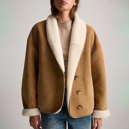 Madeleine Women’s Suede Jacket – Shearling Lined with Relaxed Lapel Design