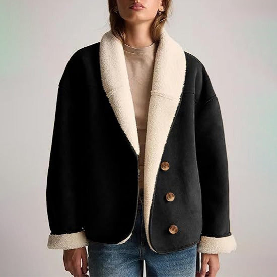 Madeleine Women’s Suede Jacket – Shearling Lined with Relaxed Lapel Design