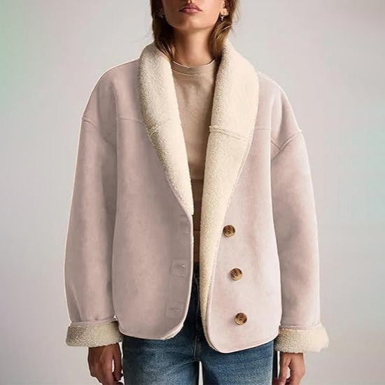 Madeleine Women’s Suede Jacket – Shearling Lined with Relaxed Lapel Design