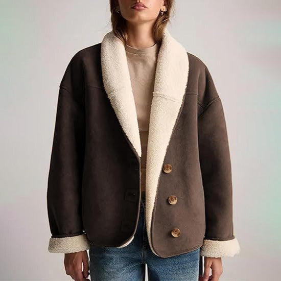 Madeleine Women’s Suede Jacket – Shearling Lined with Relaxed Lapel Design