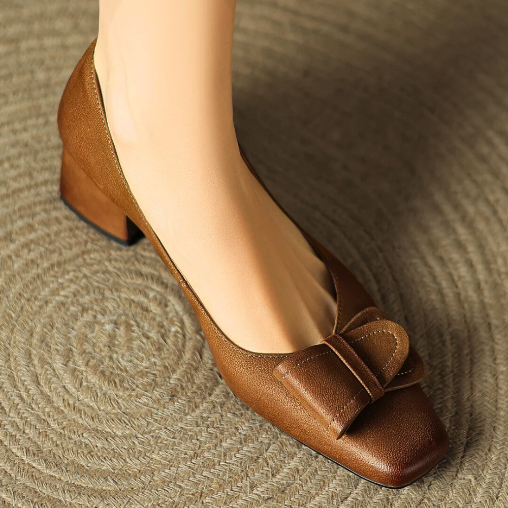 Élodie Women’s Leather Pump Heels – Square Toe Bow Detail Slip-On Shoes