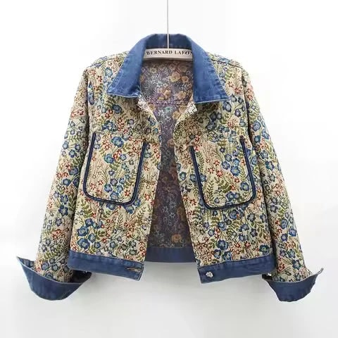 Rose Women’s Jacquard Denim Jacket – Floral Textured Lightweight Cropped Jacket