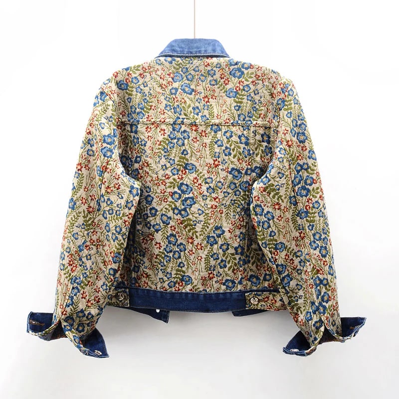 Rose Women’s Jacquard Denim Jacket – Floral Textured Lightweight Cropped Jacket