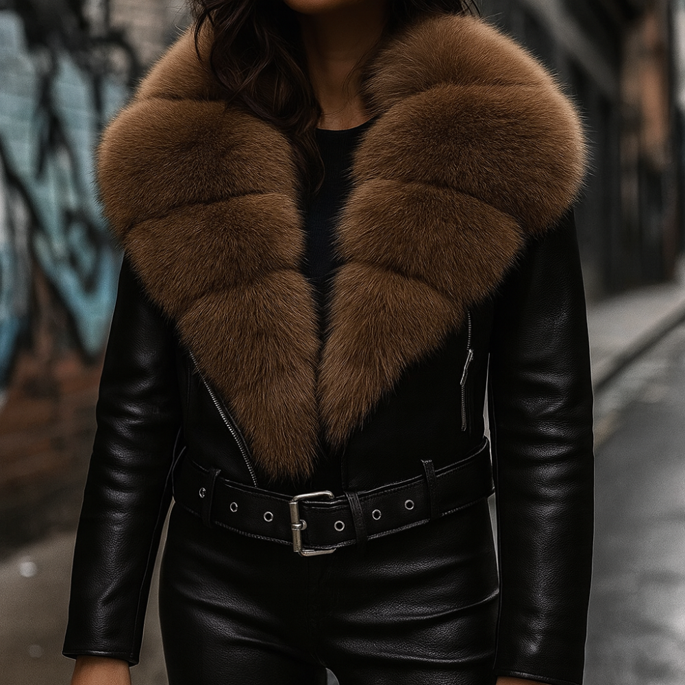 Violette Women’s Vegan Leather Jacket – Faux Fox Fur Collar & Cropped Fit