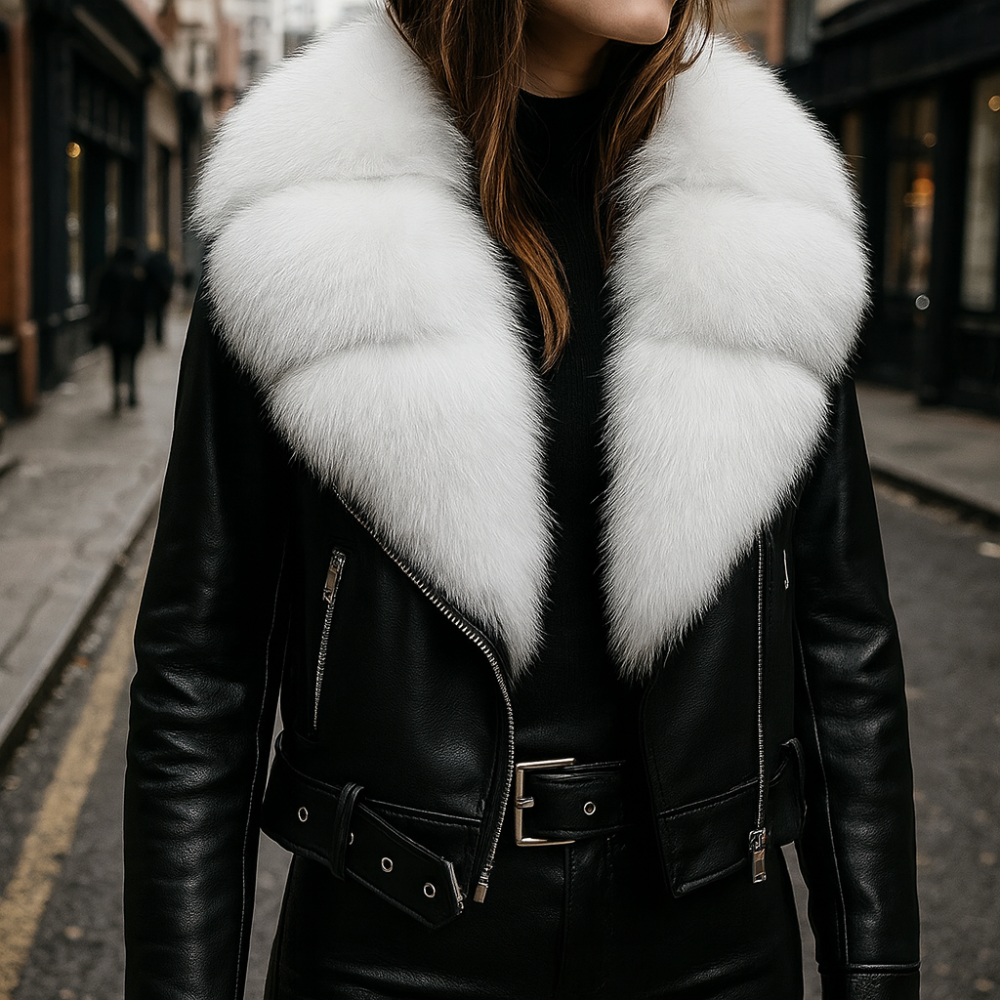 Violette Women’s Vegan Leather Jacket – Faux Fox Fur Collar & Cropped Fit