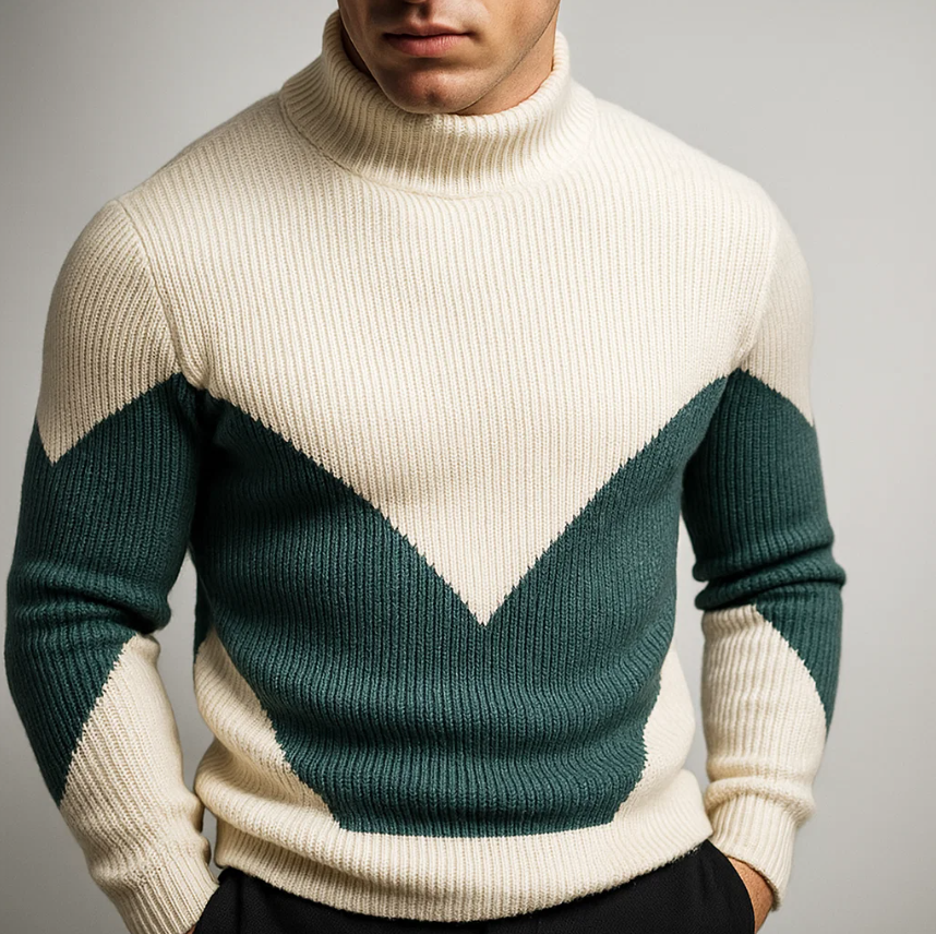 Angelo Men's Chevron Turtleneck Sweater – Thick Ribbed Knit for Fall Layering