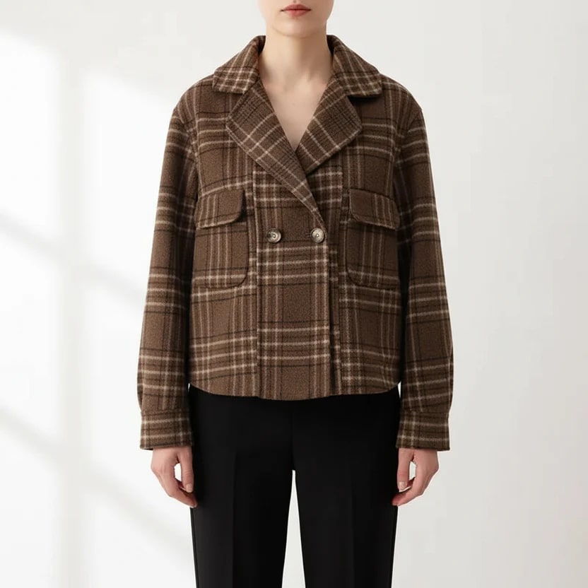 Chloé Women’s Plaid Wool Jacket – Double-Sided Wool with Cropped Jacket