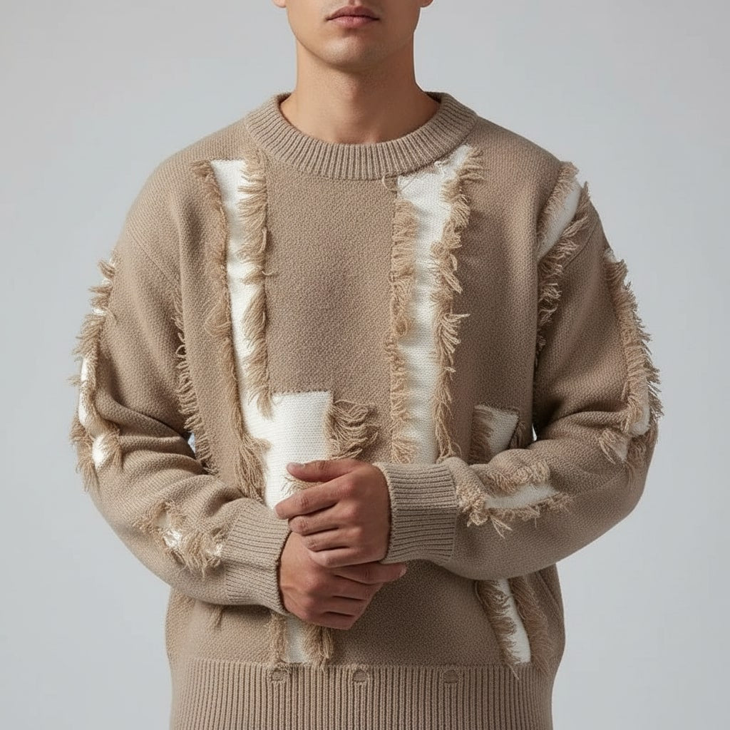Viktor Distressed Men’s Sweater – Textured Knit Pullover with Edgy Frayed Detailing