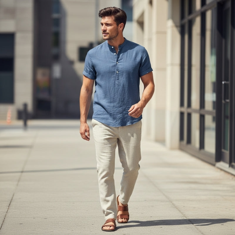 Ariel Cotton Linen Shirt – Mandarin Collar Short Sleeve Relaxed Breathable Casual Top