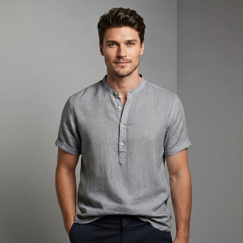 Ariel Cotton Linen Shirt – Mandarin Collar Short Sleeve Relaxed Breathable Casual Top