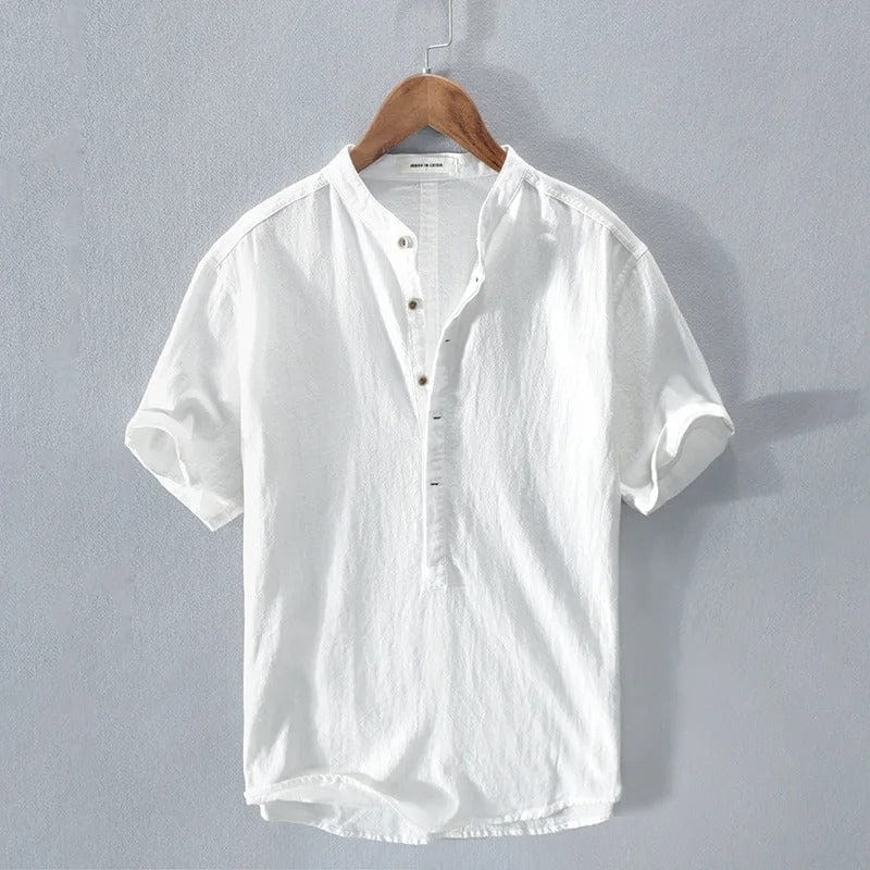 Ariel Cotton Linen Shirt – Mandarin Collar Short Sleeve Relaxed Breathable Casual Top