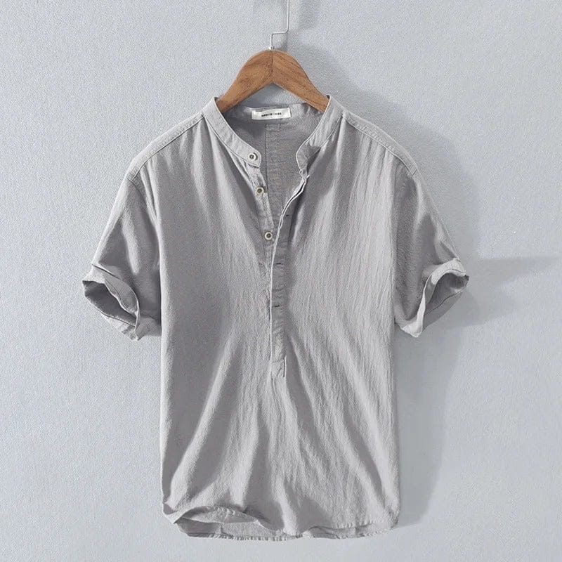 Ariel Cotton Linen Shirt – Mandarin Collar Short Sleeve Relaxed Breathable Casual Top
